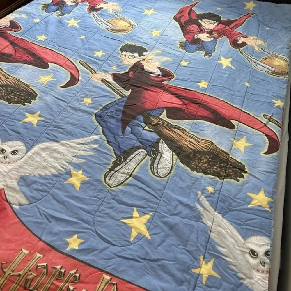 Vtg Harry Potter Quidditch Snitch Hedwig Double Sided Comforter & Pillow Case